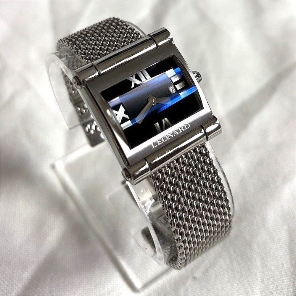 Leonard Swiss Screen Series Women Luxury Watch Rectangular Navy Blue Mesh Steel